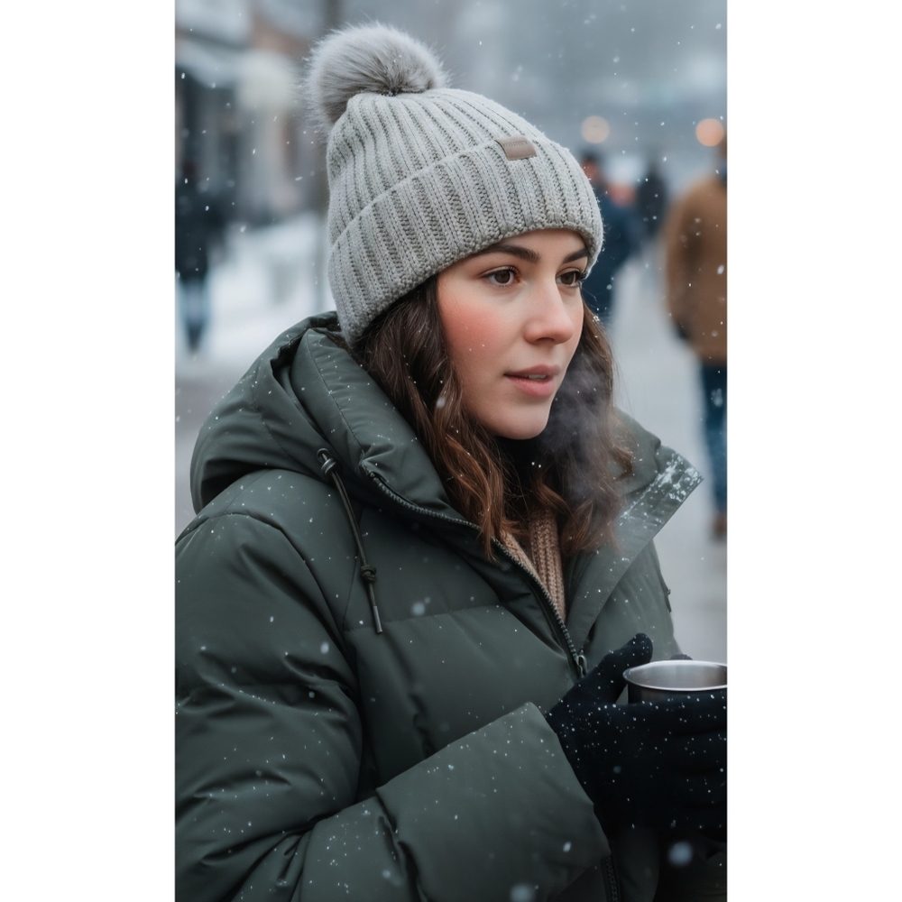 Woman's Sweater Knit Tan Faux Fur Pom Pom Beanie Winter Cap